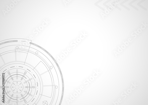 Abstract technology background. Modern technology concept. Gray lines design on white background. Circle engeneering drawing. Template for presentation, banner, flyer, report, business A4 Vector AI10
