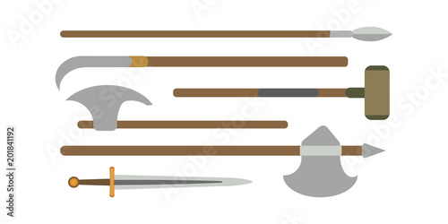 Set of different medieval weapons vector flat illustrations.