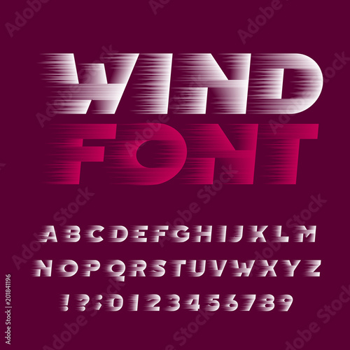 Wind alphabet font. Speed effect bold type letters and numbers. Stock vector typeface. Easy color change.