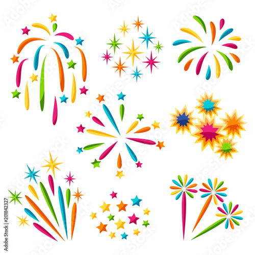 Set of bright colorful fireworks and salute