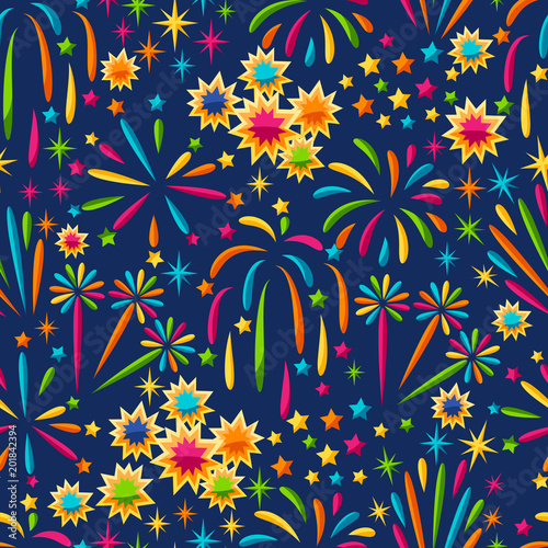 Seamless pattern with bright colorful fireworks and salute