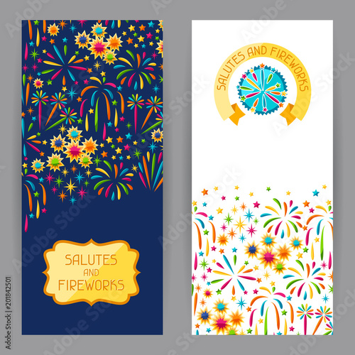 Banners with bright colorful fireworks and salute