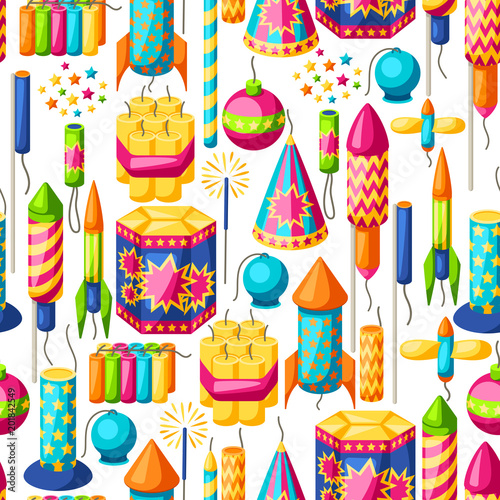 Seamless pattern with colorful fireworks. Different types of pyrotechnics  salutes and firecrackers