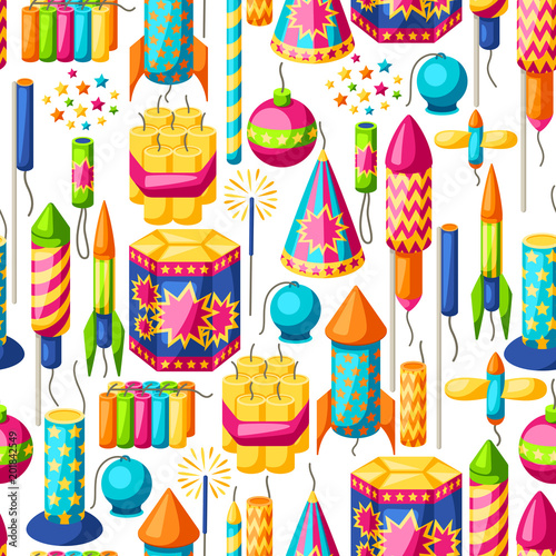Seamless pattern with colorful fireworks. Different types of pyrotechnics, salutes and firecrackers