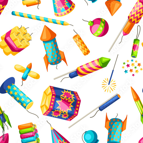 Seamless pattern with colorful fireworks. Different types of pyrotechnics, salutes and firecrackers