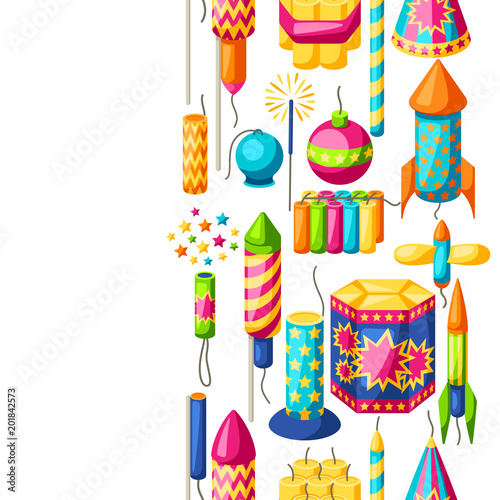 Seamless pattern with colorful fireworks. Different types of pyrotechnics, salutes and firecrackers