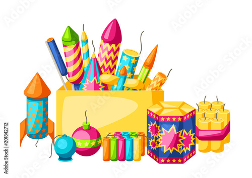 Background with colorful fireworks. Different types of pyrotechnics, salutes and firecrackers