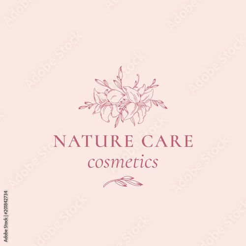 Fototapeta Naklejka Na Ścianę i Meble -  Nature Care Cosmetics Abstract Vector Sign, Symbol or Logo Template. Hand Drawn Retro Lilly Illustration with Classy Typography. Premium Quality Feminine Emblem.