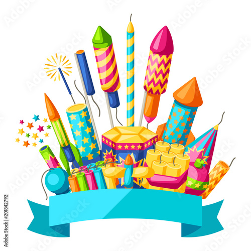Background with colorful fireworks. Different types of pyrotechnics, salutes and firecrackers
