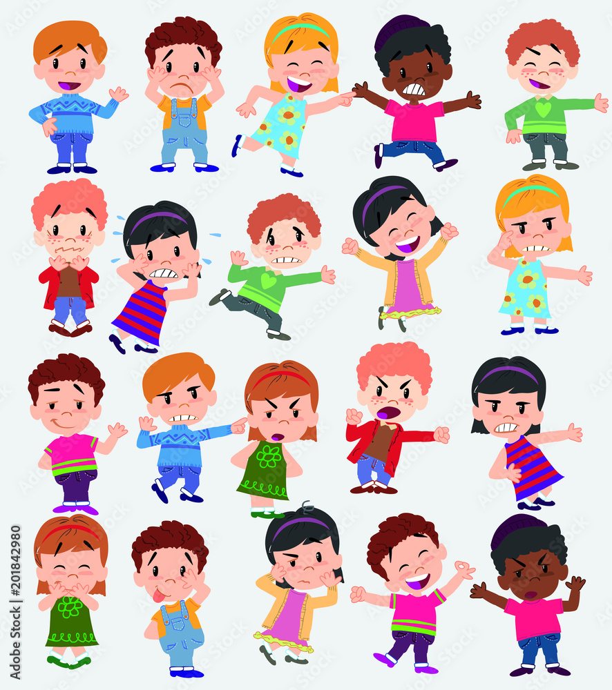 Cartoon character boys and girls. Set with different postures, attitudes and poses, doing different activities. Vector illustrations. Cartoon character boys and girls. Set with different postures, attitudes and poses, doing different activities. Vector illustrations.