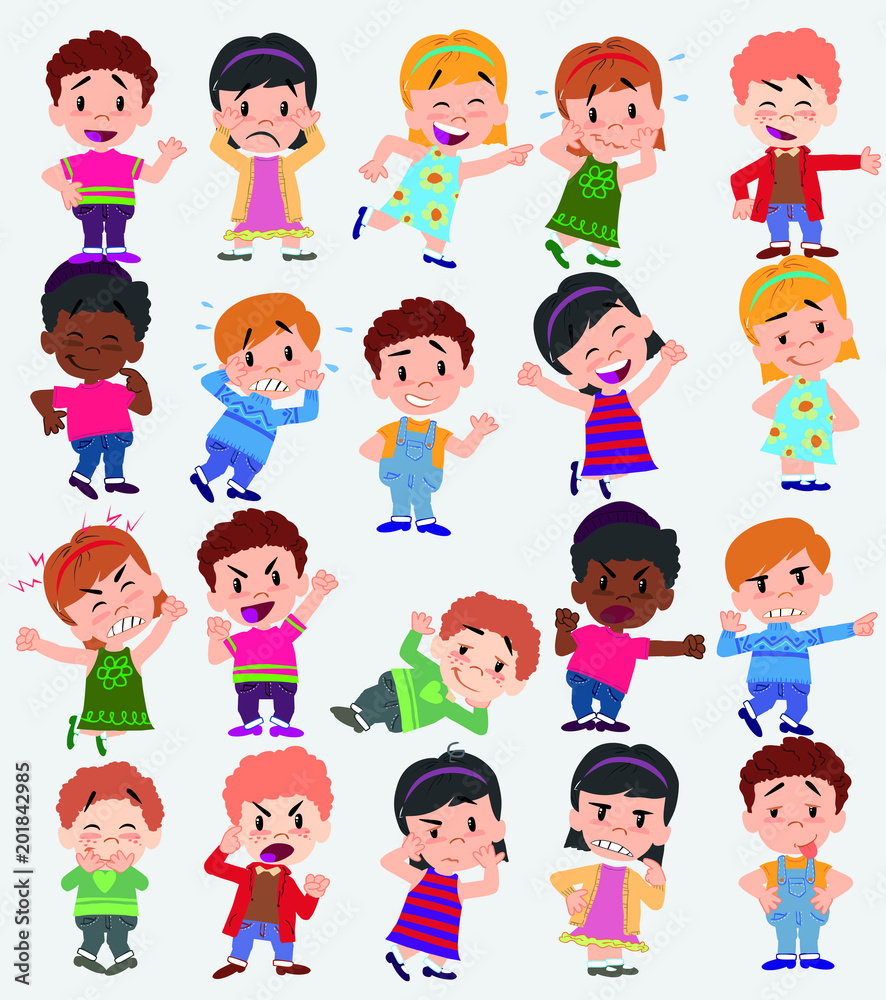 Cartoon character boys and girls. Set with different postures, attitudes and poses, doing different activities. Vector illustrations.