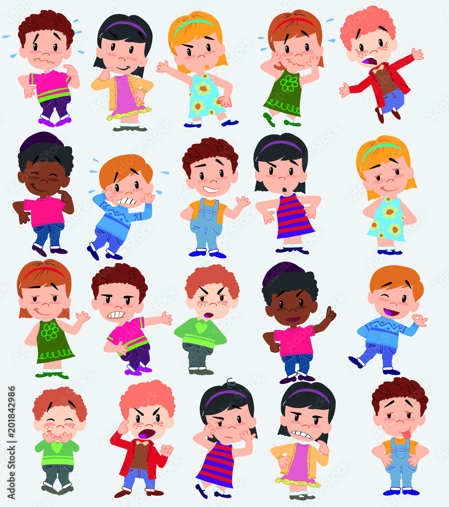 Cartoon character boys and girls. Set with different postures, attitudes and poses, doing different activities. Vector illustrations. Cartoon character boys and girls. Set with different postures, attitudes and poses, doing different activities. Vector illustrations.