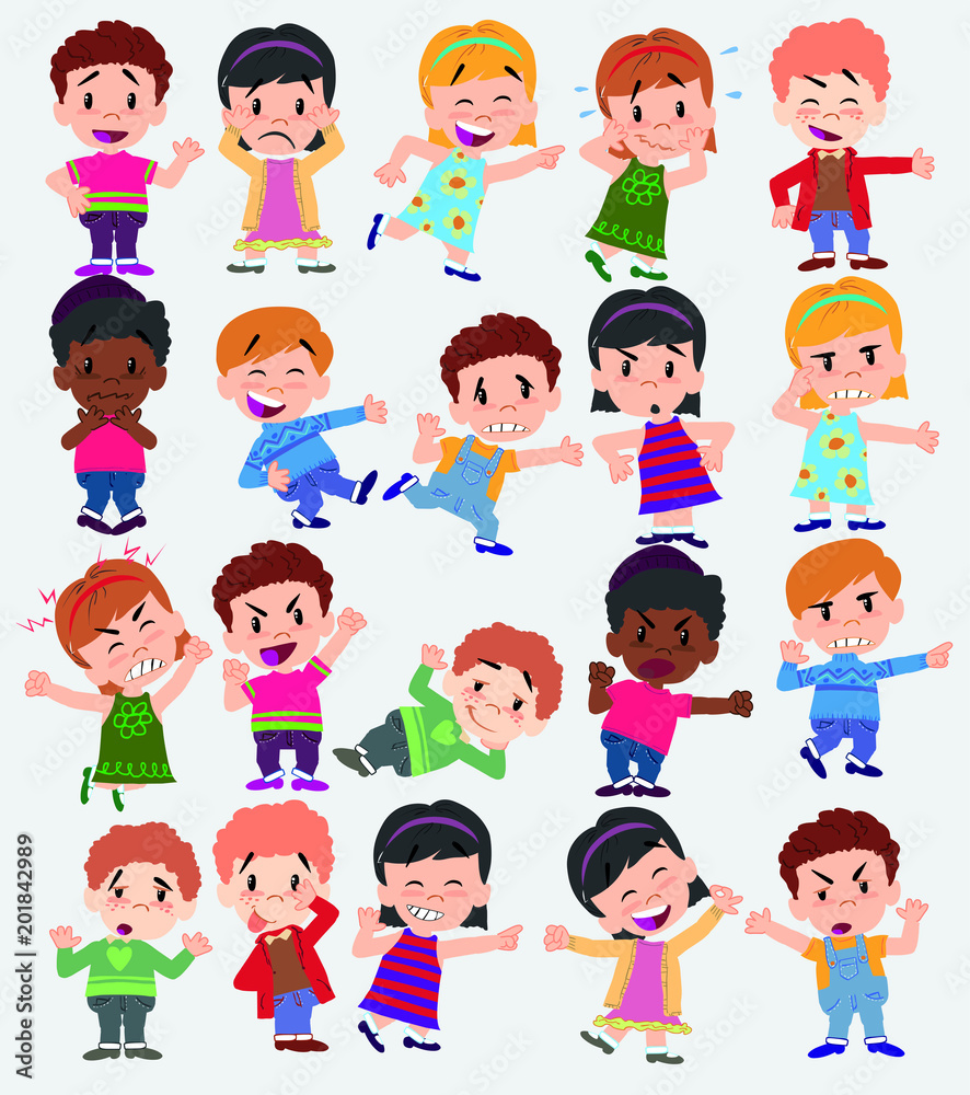 Cartoon character boys and girls. Set with different postures, attitudes and poses, doing different activities. Vector illustrations. Cartoon character boys and girls. Set with different postures, attitudes and poses, doing different activities. Vector illustrations.