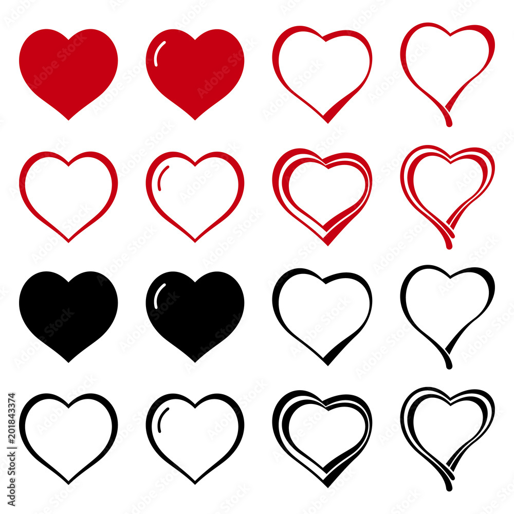 Hearts. Set of icons, black and red. Abstract concept. Vector illustration. Hearts. Set of icons, black and red. Abstract concept. Vector illustration.