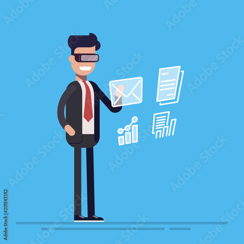 Young businessman or manager with virtual reality charts and data in front of him. Cartoon flat vector illusration isolated on blue background.
