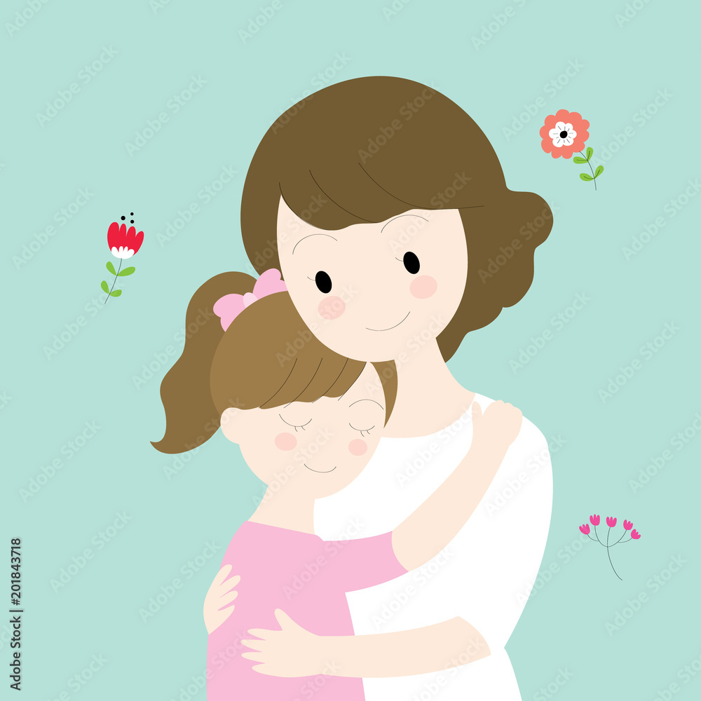 Cartoon cute mother and daughter hug together vector. Stock Vector | Adobe  Stock