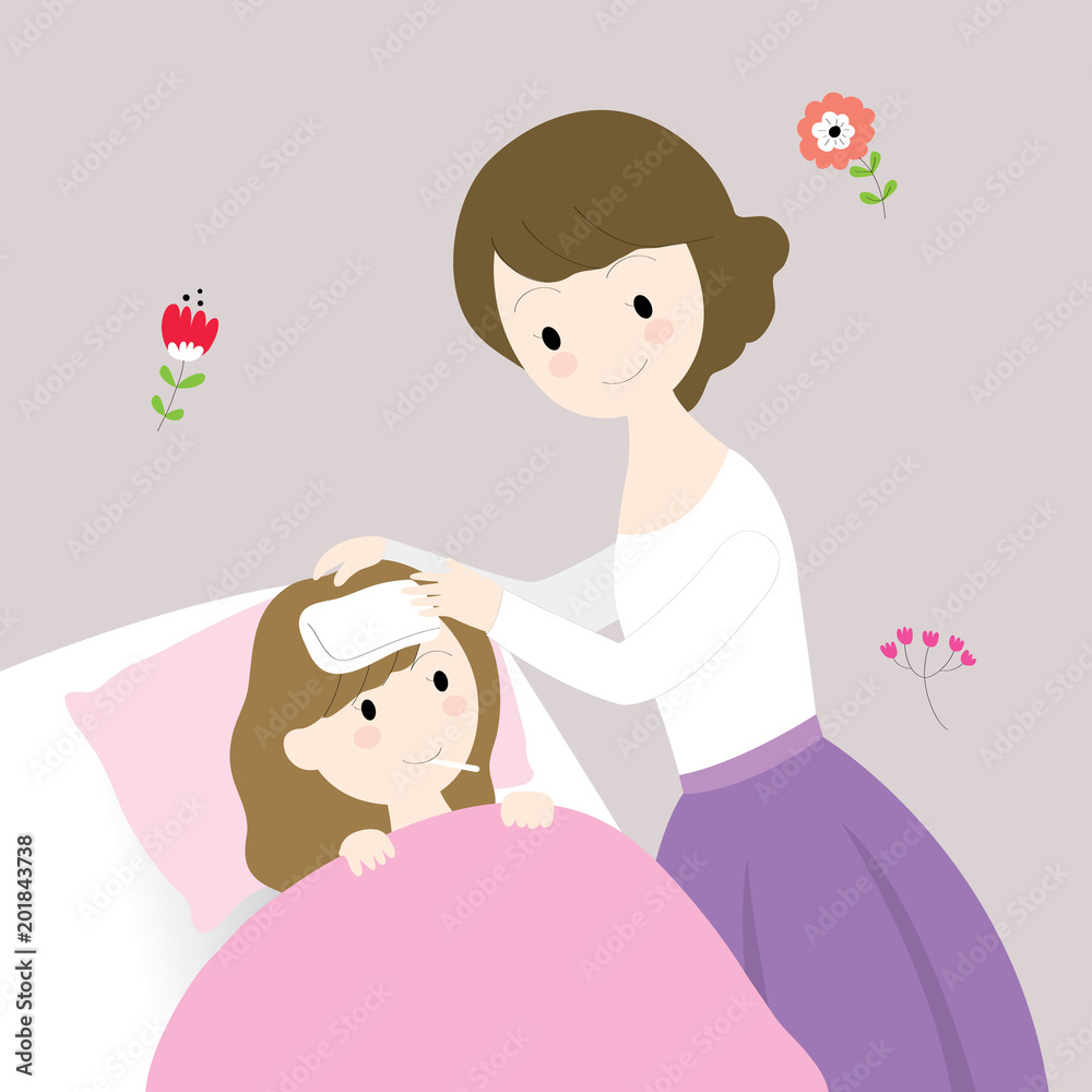 Cartoon cute mother and daughter sick with flu vector. Stock Vector | Adobe  Stock