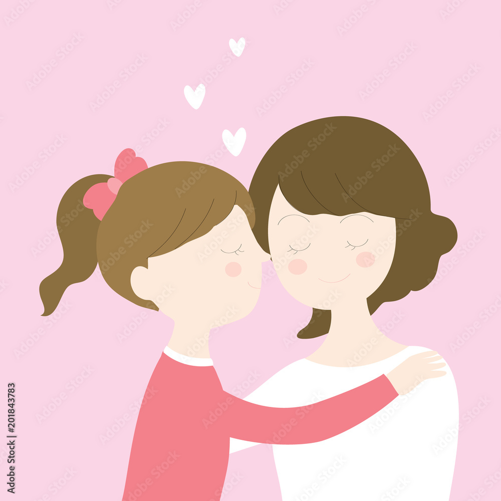 Cartoon cute daughter kissing her mother with love vector. Cartoon cute daughter kissing her mother with love vector.