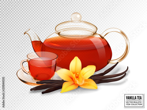 Composition of a glass cup and tea pot with tea and vanilla. Realistic vector image. Vanilla pods and orchid flower.