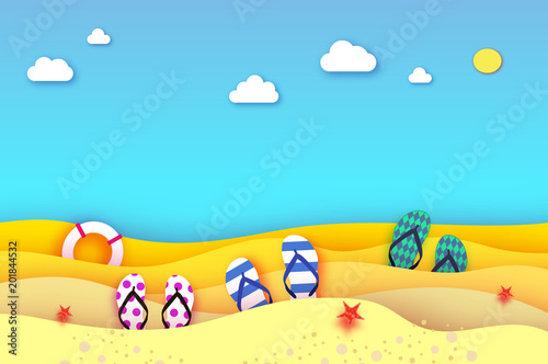 Flipflops shoe in paper cut style. Origami sea and beach with lifebuoy. Sport ball game. Vacation and travel concept.