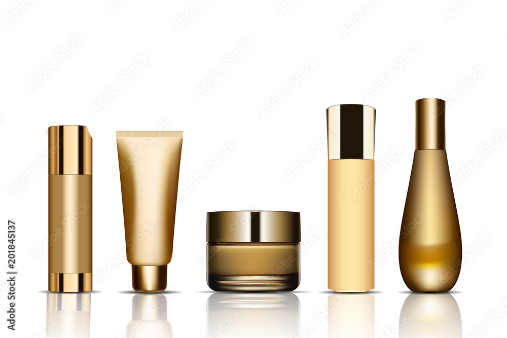 Set of realistic package for luxury cosmetic product. Collection of empty blank template of plastic containers with gold cap bottle for liquid, skin care cream.