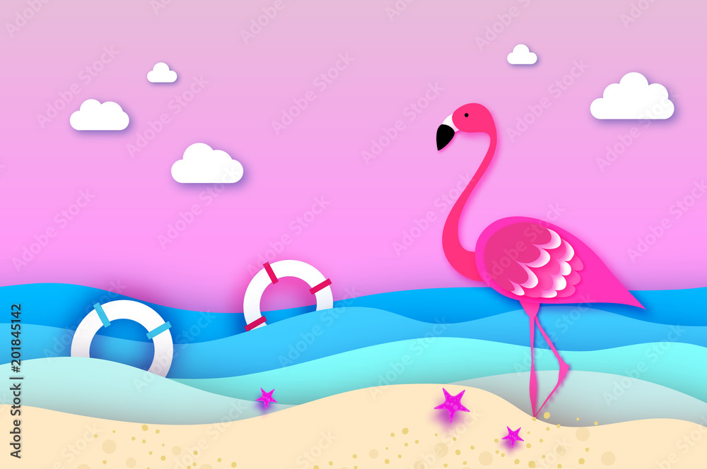 Obraz premium Elegant Pink bird Flamingo and lifebuoy in the sea in paper cut style. Origami layered beautiful seascape and sky.