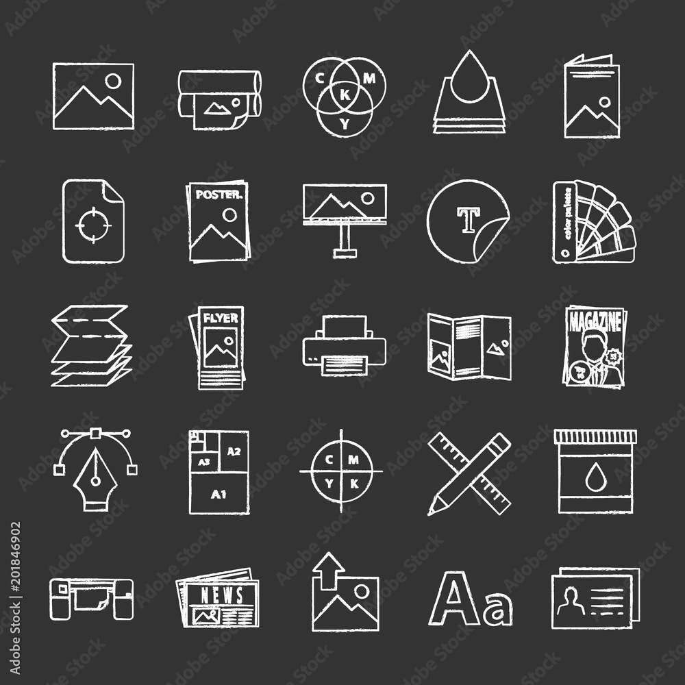 Printing chalk icons set Printing chalk icons set