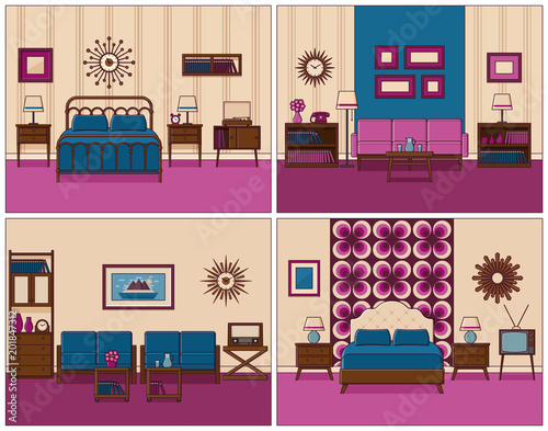 Living room and bedroom. Vector. Linear room interiors with furniture. Retro house scene. Flat line art style home illustration. Vintage design. Set outline sketch. Hotel background with bed and sofa.