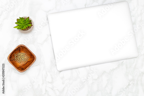 Laptop with succulent and golden paper clips on a marble background. Flat lay