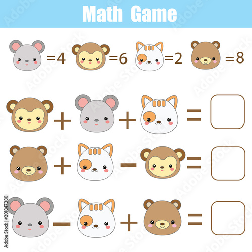 Math educational game for children. Counting equations. Mathematics worksheet with animals faces
