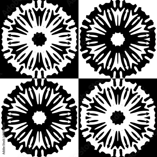 Four abstract flowers in black and white cells 