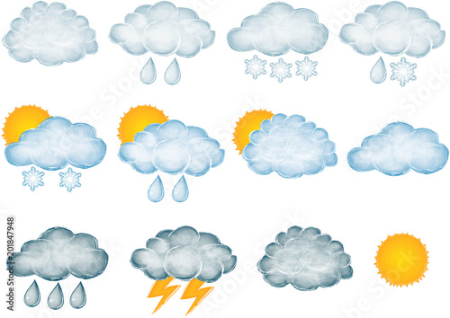 a set of weather icons, various clouds with rain, snow, lightning and sun. Drawing in a cartoon style