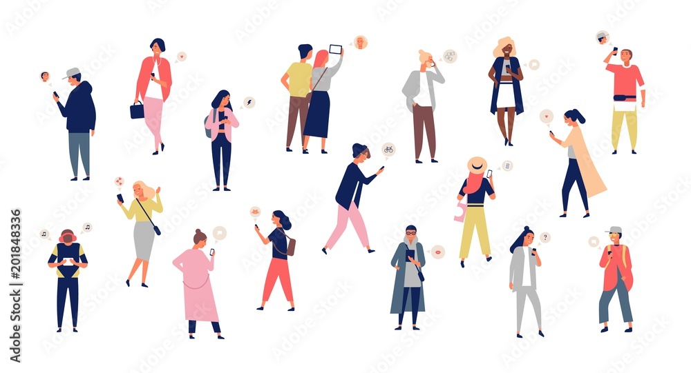 Crowd of young men and women holding smartphones and texting, talking, listening to music, taking selfie. Group of male and female cartoon characters with mobile phones. Flat vector illustration.