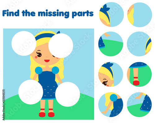 Puzzle game, Find missing part of picture. Educational activity for pre school years kids, toddlers and children
