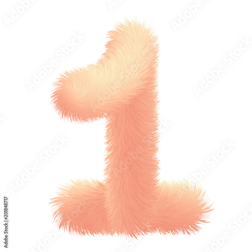 Number one in fur childish style. Colorful cartoon fluffy gentle digit 1. Feathery fun pink digit. Vector isolated illustration