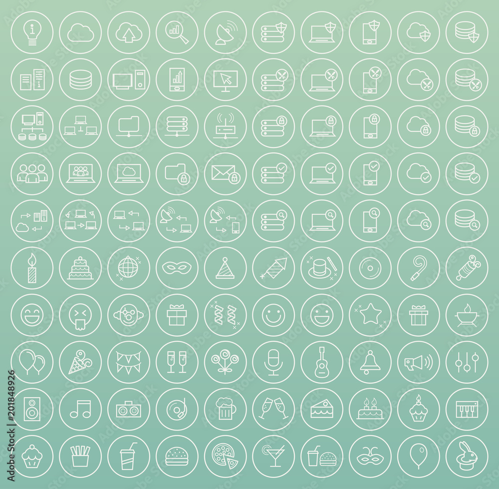 Set of 100 High Quality Universal Standard Minimal Simple White Thin Line Network , Technology , Analytics and Party Icons on Circular Buttons on Color Background 