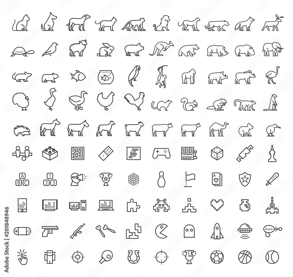 Set of 50 Minimal Animal and Games Black Icons on White Background . Isolated Vector Elements