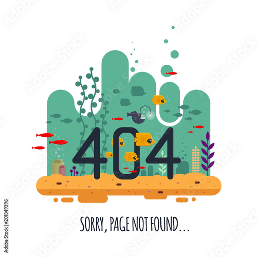 404 error page not found concept with undersea world isolated on white background. The Angler fish swims on depth among other fish, the colorful underwater world with seawood and sand - flat vector