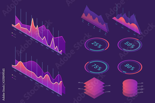Vector Isometric infographic element set. Colorful infographic design. Design elements for business presentation, statistics of data, web site. Decorative diagrams, graphs, columns, pyramids. Eps 10