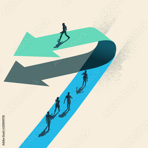 A Change of Direction. A businessman choosing to walk in the opposite direction to other people on top of a arrow. Business conceptual vector illustration.