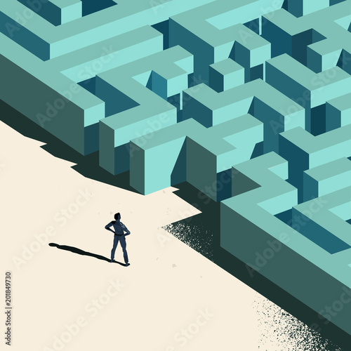 Business Challenge - Labyrinth Ahead. A person standing at the entrance to a maze. Conceptual vector illustration. photo