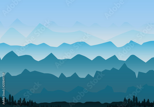Foggy mountains landscape. High hills background illustration