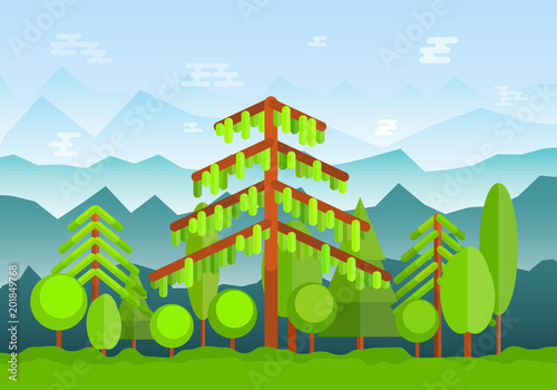 Green forest landscape with high foggy mountains on background