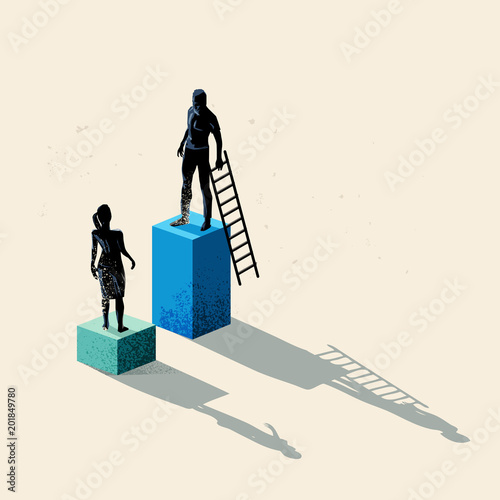 A man and women seperated by height. Gender issues in business including equal rights and pay gaps. Conceptual vector illustration.