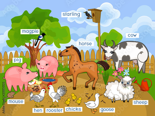 Rural landscape with different farm animals