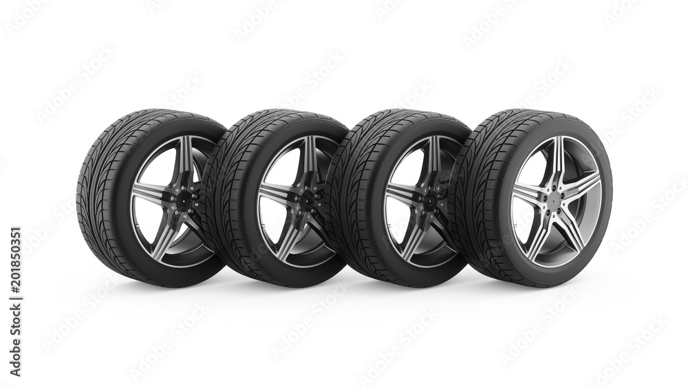 3d rendering of four car wheels on a white background