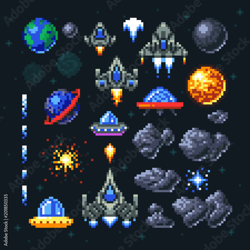 Retro space arcade game pixel elements. Invaders, spaceships, planets and ufo vector set