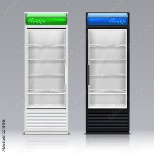 Modern commercial display fridge. Supermarket freezer equipment for drinks vector template