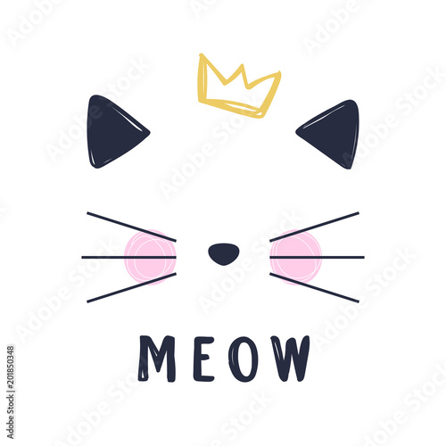 Canvas Print Hand drawn vector illustration of a funny cat girl face with crown and text Meow