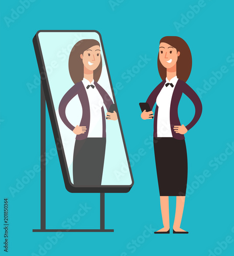Happy smiling narcissistic confident businesswoman looking at reflection in mirror. Self love vector concept
